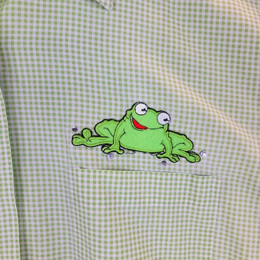 Las Olas Shirt Womens M Green Gingham Embroidered Frog Button Up Short Sleeve - Picture 3 of 12